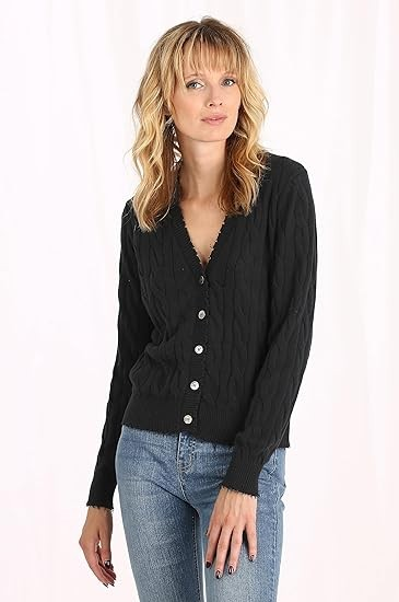Minnie Rose Women's Long Sleeve V Neck Cotton Frayed Cardigan Sweater