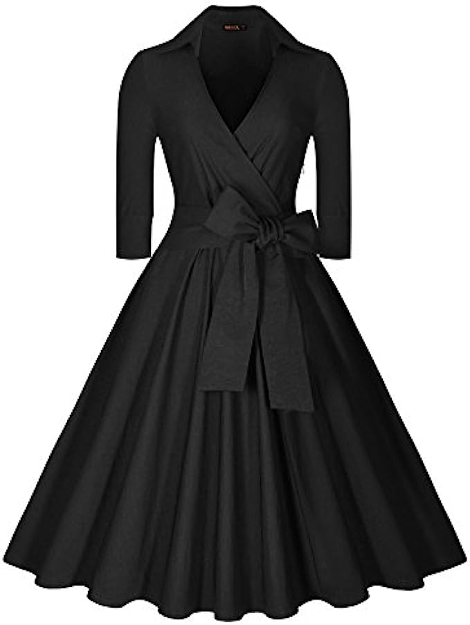 Miusol Women&#039;s Deep-V Neck Classical Bow Belt Vintage Casual Swing Dress