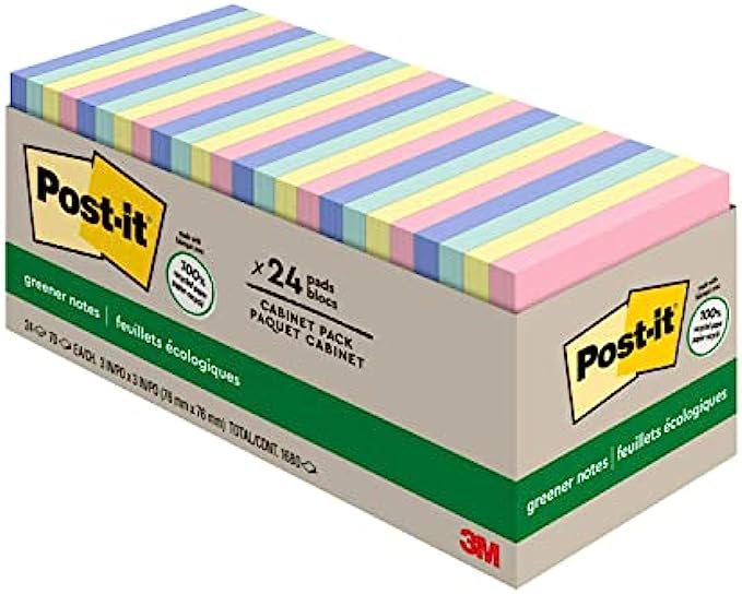 Post-it Greener Notes, 3x3 in, 24 Pads, America&#039;s #1 Favorite Sticky Notes, Sweet Sprinkles Collection, Pastel Colors, Clean Removal, 100% Recycled Material (654R-24CP-AP)