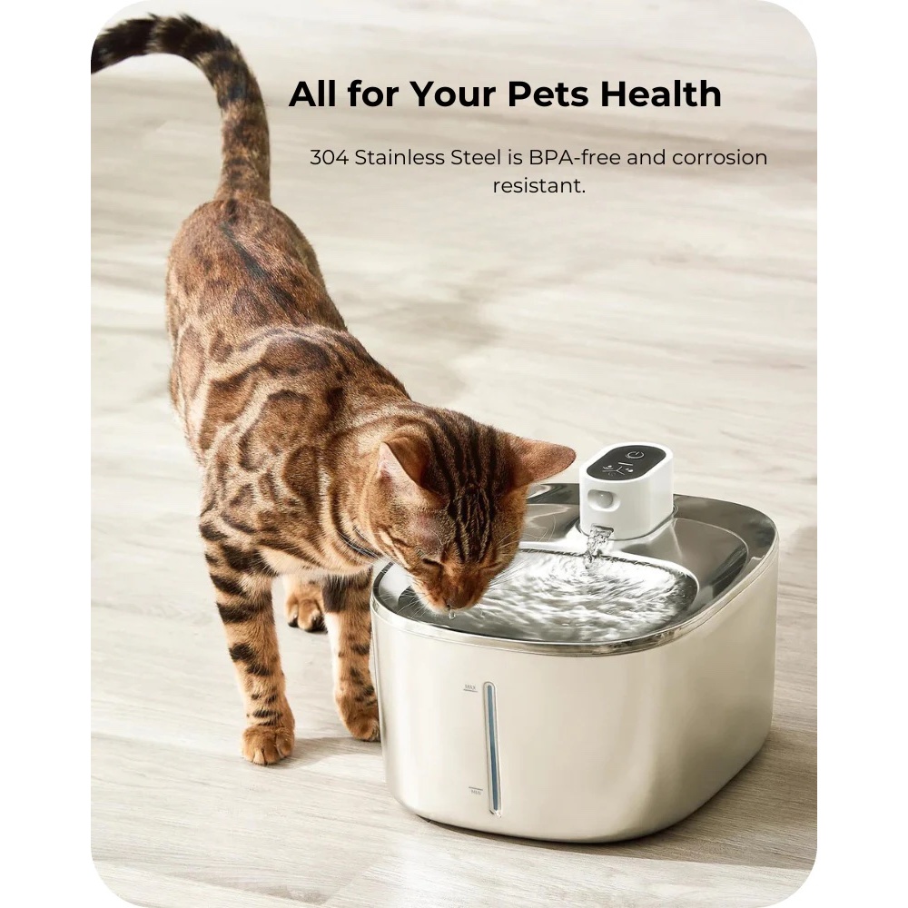 Wireless Cat Stainless Steel Water Fountain 4L Battery Operated with Water Level Window