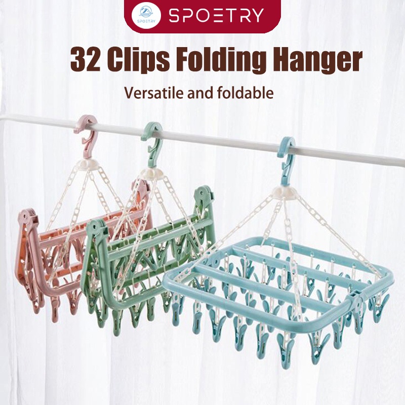 【Ready Stock】SPOETRY 32 Clips Folding Clothes Dryer Hanger 2-Way No-Slant Foldable Clothing Pegs Hanger Drying Rack