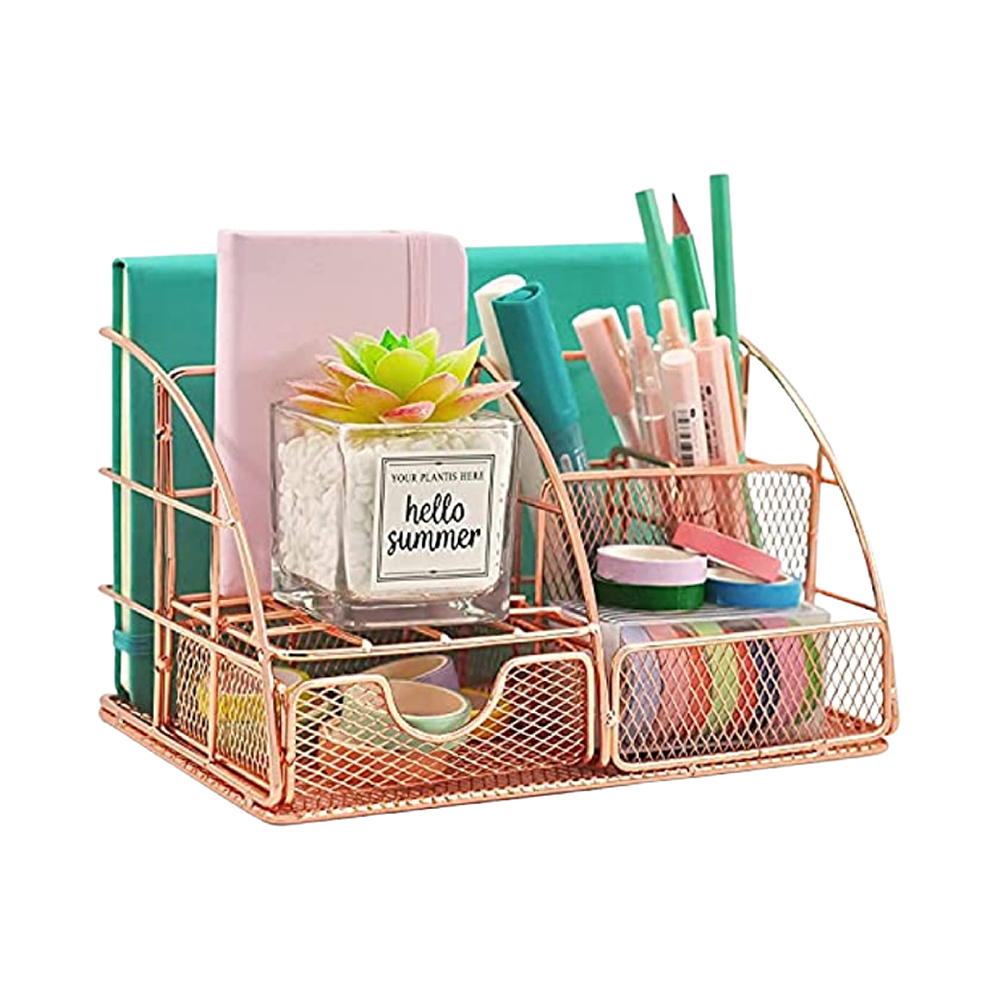 Rose Gold Desk Accessories for Women Office Decor, All in 1 Organizer 6C, File, Pen, Stationery, Rose Gold Office Supplies and Accessories, Cute Rose Gold Desk Organizer,Gold office supplies for women